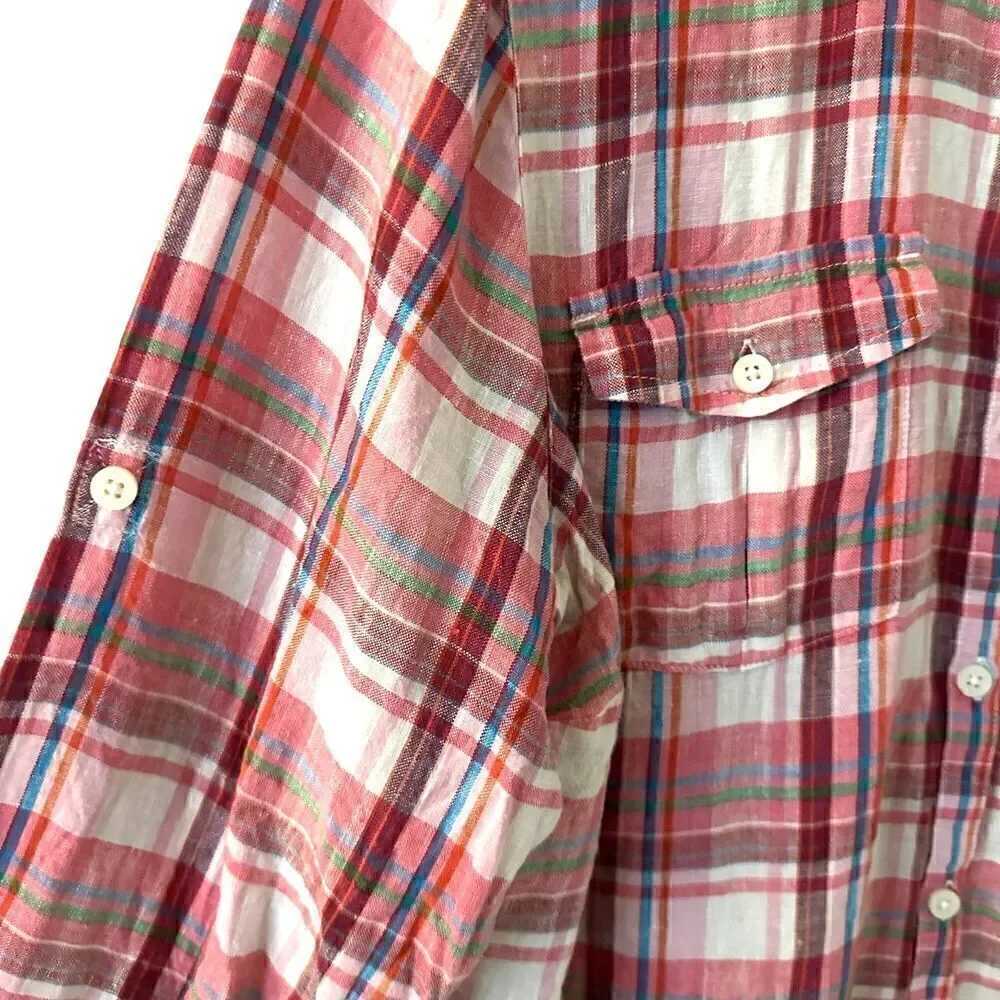 L.L. Bean Pink White Plaid 100% Linen‎ Button Up Long Sleeve Blouse Size L